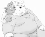  2023 anthro bear belly big_belly blush bottomwear bulge canid canine canis clothing domestic_dog duo hi_res kemono male mammal moobs overweight overweight_male pants pommn_mn sitting sweater topwear 