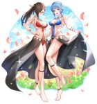  2girls :d absurdres anklet bare_arms barefoot blue_hair blunt_bangs bracelet braid breasts brown_hair cleavage closed_mouth covered_navel english_commentary fire_emblem fire_emblem:_three_houses fire_emblem_fates floating_hair full_body hair_between_eyes hair_over_one_eye hand_on_own_hip highres jewelry kagero_(fire_emblem) long_hair looking_at_viewer marianne_von_edmund medium_breasts multiple_girls open_mouth petals ponytail red_eyes revealing_clothes smile standing voyager_bihai white_background 