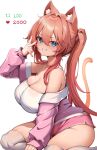  1girl animal_ears bare_shoulders blue_eyes breasts cat_ears cat_tail cleavage curvy from_side grin hair_between_eyes highres kaptivate large_breasts long_hair looking_at_viewer meme off-shoulder_shirt off_shoulder orange_hair original pink_shorts plump seiza shirt short_shorts shorts side_ponytail simple_background sitting smile solo tail thighhighs twitter_strip_game_(meme) v white_background white_thighhighs 