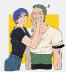  1boy 1girl aged_up bandana bandana_around_arm black_shirt blue_hair blush closed_eyes denim earrings green_hair guillartee hands_on_another&#039;s_cheeks hands_on_another&#039;s_face haramaki jeans jewelry kuina one_piece pants roronoa_zoro shirt short_hair short_sleeves single_earring smile teeth time_paradox 