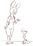  anthro canid canine clothing disney duo female fox judy_hopps lagomorph larger_female leporid male mammal nick_wilde overalls rabbit simple_background size_difference sketch standing tggeko waving_hand white_background zootopia 