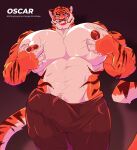 2023 abs absurd_res anthro areola barazoku big_bulge big_muscles big_pecs black_background bottomwear bulge character_name clothed clothing detailed_bulge english_text epic_games erection erection_under_clothing eyebrows felid fortnite fur genital_outline hi_res huge_bulge huge_muscles huge_pecs looking_at_viewer low-angle_view male mammal meeromeeromeero muscular muscular_anthro muscular_male narrowed_eyes nipples open_mouth open_smile oscar_(fortnite) pantherine pants pec_grab pec_squeeze pec_squish pecs penis_outline scar simple_background smile solo squish standing text tiger topless topless_anthro topless_male tuft 