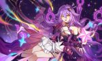  1girl :d bare_shoulders black_gloves choker collarbone detached_sleeves dress feet_out_of_frame gloves hair_between_eyes highres honkai_(series) honkai_impact_3rd long_hair looking_at_viewer open_hand open_mouth ovosakisilica partially_fingerless_gloves pink_gloves purple_hair scissors sirin sirin_(miracle_magical_girl) skirt smile solo star_(sky) star_(symbol) twitter_username very_long_hair white_skirt yellow_eyes 
