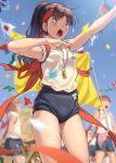  1girl 3others american_flag arm_up artist_logo black_buruma blue_sky blurry blurry_background brazilian_flag breasts brown_eyes brown_hair buruma collared_shirt commentary_request confetti day drum drumsticks flagpole flags_of_all_nations hand_up headband highres holding holding_drumsticks instrument japanese_flag long_hair medium_breasts multiple_others open_mouth original outdoors outstretched_arm pairan ponytail red_headband red_ribbon ribbon shirt shirt_tucked_in sky solo_focus string_of_flags sweat swedish_flag taiko_drum tasuki teeth upper_teeth_only whistle whistle_around_neck white_shirt zipper_pull_tab 