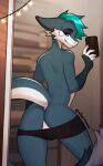 anthro balls bottomwear bottomwear_down butt clothed clothing dragon genitals hi_res male mirror mostly nude pants pants_down partially_clothed raised_tail selfie solo tail 