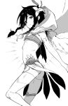  1boy androgynous braid capelet closed_mouth elbow_gloves feathered_wings flower genshin_impact gloves greyscale hair_flower hair_ornament highres hood hooded_capelet looking_at_viewer male_focus monochrome moyori otoko_no_ko short_hair_with_long_locks shorts simple_background solo thighhighs twin_braids venti_(archon)_(genshin_impact) venti_(genshin_impact) wings 