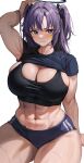  1girl abs blue_archive blue_eyes breasts cleavage furizuu20 halo highres looking_at_viewer purple_hair solo sports_bra sweat thighs yuuka_(blue_archive) 