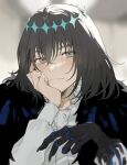  1boy absurdres black_cape black_hair blurry blurry_background buttons cape closed_mouth diamond_hairband dress_shirt eyelashes fate/grand_order fate_(series) fingernails frilled_shirt_collar frills frown grey_hair hair_between_eyes hand_on_own_face highres long_sleeves looking_at_viewer male_focus oberon_(fate) oberon_(third_ascension)_(fate) portrait romo827 sharp_fingernails shirt solo 