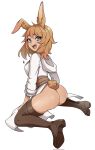  1girl animal_ears ass blue_eyes blush boots breasts brown_footwear brown_hair freckles high_heel_boots high_heels highres looking_at_viewer medium_breasts medium_hair oninuer open_mouth original rabbit_ears rabbit_girl rabbit_tail simple_background smile solo tail teeth thigh_boots upper_teeth_only white_background 