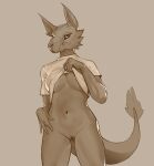  akefesauce anthro big_ears black_body black_sclera bottomless breasts butt_from_the_front chin_tuft clothed clothing clothing_lift facial_tuft female genitals hi_res looking_at_viewer pussy shirt shirt_lift simple_background solo tail tail_tuft thick_tail topwear tuft under_boob 