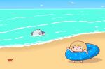  ._. 2girls :d absurdres asphyxiation beach blonde_hair blue_hair blue_hoodie blue_sky cloud commentary crab drowning gawr_gura grey_hair hair_ornament highres hololive hololive_english hood hoodie horizon innertube lying multicolored_hair multiple_girls ocean on_stomach outdoors partially_submerged phdpigeon pointing pointing_at_another shark_hair_ornament sky smile smol_ame smol_gura solid_circle_eyes streaked_hair symbol-only_commentary twintails watson_amelia 