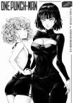  2girls artist_name backless_outfit bare_arms bare_back bare_shoulders breasts cleavage_cutout clothing_cutout cover fake_cover fubuki_(one-punch_man) greyscale highres looking_at_viewer meme_attire monochrome multiple_girls omniformblue one-punch_man short_hair signature tatsumaki virgin_killer_sweater 