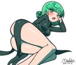  1girl artist_name ass black_dress blush breasts dated dress green_eyes green_hair highres long_sleeves looking_at_viewer maydaykiki one-punch_man open_mouth simple_background solo tatsumaki teeth tongue upper_teeth_only white_background 