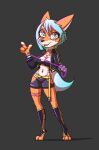  &lt;3 3_toes 4_fingers anthro blue_eyes blue_hair bottomwear breasts canid canine claws cleavage clothed clothing cybernetics cyborg digital_media_(artwork) eyebrows eyelashes feet female fingers fox fur glowing hair heart_(marking) hi_res jacket machine mammal markings miakameron midriff open_mouth orange_body orange_fur robotic_eyes robotic_hand shorts simple_background smile solo standing tail text text_on_clothing toe_claws toes topwear tube_top weapon white_body white_fur yellow_belt 
