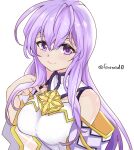  1girl bare_shoulders blush breasts circlet dress fire_emblem fire_emblem:_genealogy_of_the_holy_war hand_on_own_chest jewelry julia_(fire_emblem) looking_at_viewer purple_eyes purple_hair simple_background smile solo wide_sleeves yukia_(firstaid0) 