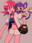  1girl aipom bangs baseball_mitt commentary_request eyelashes grey_background highres jacket long_hair open_clothes open_jacket open_mouth pink_eyes pink_hair pokemon pokemon_(creature) pokemon_(game) pokemon_gsc pokemon_on_arm short_sleeves shorts simple_background twintails tyako_089 white_jacket white_shorts whitney_(pokemon) 