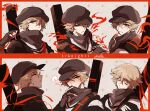  1boy arknights black_gloves black_headwear black_jacket brown_hair cabbie_hat copyright_name fingerless_gloves gloves grey_background hair_between_eyes hand_up hat highres jacket multiple_views oonohara_kenya open_clothes open_jacket red_(npc)_(arknights) red_eyes shirt white_shirt 