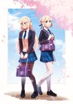  2girls ahoge artoria_caster_(fate) artoria_pendragon_(fate) bag bag_charm black_footwear black_jacket blazer blonde_hair blue_necktie blue_ribbon blue_skirt blush border braid breasts charm_(object) cherry_blossoms fate/grand_order fate_(series) fou_(fate) french_braid green_eyes heel_up highres jacket kneehighs loafers long_hair looking_at_viewer medium_breasts multiple_girls necktie outdoors outside_border pantyhose petals plaid plaid_skirt pleated_skirt ribbon school_bag school_uniform shirt shoes skirt smile socks standing striped_necktie sweat vest white_border white_shirt yamano_udumi yellow_vest 