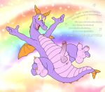  2023 absurd_res alternate_version_at_source anthro anus balls digital_media_(artwork) disney disney_parks dracovar_valeford dragon epcot figment flying foreskin genitals happy hi_res horn humanoid_genitalia journey_into_imagination looking_at_viewer lyrics male nude outside paws penis purple_body rainbow raised_arms retracted_foreskin rhyme smile solo spread_legs spreading text toony walt_disney_world wings yellow_sclera 