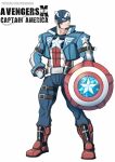  1boy abs animification arm_belt artist_name avengers_(series) belt blue_jacket blue_pants boots captain_america character_name closed_mouth collared_jacket copyright_name crossover english_text gloves guilty_gear guilty_gear_xrd hand_on_own_hip helmet holding holding_shield jacket leg_belt looking_to_the_side male_focus marvel muscular open_clothes open_jacket pants red_footwear shamserg shield star_(symbol) superhero white_background winged_helmet 