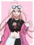  1girl :d antenna_hair black_pants black_shirt blonde_hair border breasts character_print collar collarbone copyright_name cowboy_shot crop_top danganronpa_(series) danganronpa_v3:_killing_harmony eyewear_on_head green_eyes hand_up highres iruma_miu jacket jewelry large_breasts long_hair navel off_shoulder pants pink_jacket ring shirt smile solo stomach suiren_yurei sunglasses teeth translation_request two-tone_pants upper_teeth_only white_border white_collar white_pants 