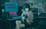  1girl black_hair computer desk electric_guitar graphic_equalizer guitar headphones highres indoors instrument kensight328 keyboard_(instrument) lamp laptop looking_at_viewer original plant potted_plant short_shorts shorts sitting smile solo speaker 