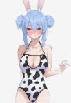  1girl alternate_breast_size animal_ear_fluff animal_ears animal_print blue_hair blush breasts cleavage_cutout clothing_cutout cow_print double_bun embarrassed hair_bun haro_art highres hololive large_breasts looking_at_viewer one-piece_swimsuit rabbit_ears rabbit_girl solo sweatdrop swimsuit thick_eyebrows usada_pekora virtual_youtuber white_background 