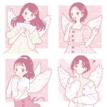  4girls arm_warmers black_hair blush bow dress feathered_wings green_dress hair_bow hair_ornament hairclip heart heart_hair_ornament long_hair monochrome multiple_girls original pink_background pink_dress pink_theme ponytail shirt short_hair short_sleeves upper_body white_bow white_shirt white_wings wings yoshimon 