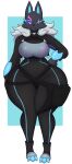  2023 absurd_res anthro big_breasts black_body black_bodysuit black_fur blue_sclera bodysuit boots breasts canid canine canis cheek_tuft clothing dewwydarts epic_games facial_tuft female footwear fortnite fur fur_trim_(clothing) hi_res huge_thighs mammal markings one_eye_closed pack_leader_highwire pink_eyes pink_markings skinsuit solo standing thick_thighs thigh_gap tight_clothing tuft wide_hips wink wolf 