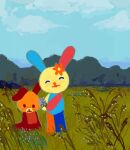  2017 ambiguous_gender animate_inanimate anthro duo female feral grass lagomorph leporid living_plushie mammal plant plushie qs75834_(artist) rabbit sanrio usahana 