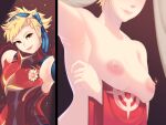  1girl absurdres armor blonde_hair bow breasts curtains fire_emblem fire_emblem_fates flower hair_bow head_out_of_frame highres looking_at_viewer nipples nude red_armor scarlet_(fire_emblem) seios short_hair smile solo sparkle towel upper_body 