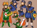  2boys belt black_bodysuit blue_eyes blue_gloves blue_headwear blue_tunic bodysuit boots cape closed_mouth commentary_request cousins cropped_torso dragon_quest dragon_quest_ii fighting_stance full_body gloves goggles goggles_on_headwear green_footwear green_gloves green_tabard highres holding holding_polearm holding_shield holding_sword holding_weapon looking_at_viewer male_focus multiple_boys multiple_views orange_cape orange_hair piyoko_saito polearm prince prince_of_lorasia prince_of_samantoria shield shoulder_belt simple_background spiked_hair standing sword tabard turtleneck upper_body weapon 