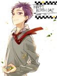  1boy arrow_(symbol) blush closed_mouth collared_shirt dated grey_sweater hagiwara_daisuke happy_birthday hori-san_to_miyamura-kun ishikawa_tooru katagiri_senior_high_school_uniform leaf long_sleeves looking_at_viewer male_focus necktie purple_eyes purple_hair red_necktie school_uniform shirt short_bangs short_hair solo sweater upper_body white_background 