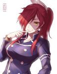  1girl artist_logo blue_jacket breasts buttons collared_jacket dated double-breasted fang finger_to_mouth hair_over_one_eye hair_ribbon highres jacket jvco_arts kobayashi_rindou large_breasts long_bangs long_hair looking_at_viewer ponytail red_hair ribbon shokugeki_no_souma slit_pupils tootsuki_saryou_ryouri_gakuen_uniform upper_body white_ribbon yellow_eyes 