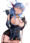  1girl absurdres ako_(blue_archive) bell black_gloves black_hairband blue_archive blue_eyes blue_hair blue_halo breasts dodok_(gj77230) gloves hairband halo heart highres large_breasts looking_at_viewer medium_hair neck_bell simple_background solo spoken_heart white_background 