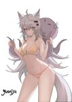  1girl absurdres ahoge animal_ears arknights bare_arms bare_shoulders bikini blue_eyes chinese_commentary commentary_request cowboy_shot grey_hair hair_between_eyes hair_ornament hairclip hands_up highres lappland_(arknights) long_hair looking_at_viewer navel octopus revision simple_background smile solo standing stomach swimsuit tail thighs very_long_hair white_background wolf_ears wolf_tail yellow_bikini yuanjya 