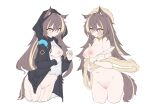  1girl absurdres animal_ears arknights black_jacket blonde_hair blush breasts brown_hair cleavage dior-zi doctor_(arknights) ears_through_headwear female_doctor_(arknights) groin hair_between_eyes highres hood hood_up hooded_jacket inverted_nipples jacket large_breasts long_hair long_sleeves looking_at_viewer multicolored_hair multiple_views nipples open_clothes open_jacket orange_eyes original pussy see-through shirt simple_background stomach streaked_hair sweatdrop tail thighs uncensored very_long_hair white_background white_shirt yellow_collar 