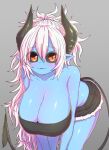  1girl :o all_fours alternate_costume alternate_hairstyle aohada_bocchi bare_shoulders black_horns black_sclera black_tail black_tank_top blush breasts cleavage colored_sclera demon_horns demon_tail denim denim_shorts highres horns huge_breasts pointy_ears red_eyes ruri_(aohada_bocchi) short_shorts shorts strapless tail tank_top thighs tube_top white_hair zyugoya 