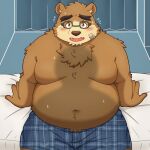  2023 anthro band-aid bandage bear bed belly big_belly blush brown_body brown_fur clothing eyewear fur furniture glasses hi_res kemono lifewonders male mammal moobs navel overweight overweight_male solo solo_focus tokyo_afterschool_summoners underwear volos yaki_atsuage 