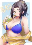  1girl bikini black_hair blue_bikini blush breasts cleavage cup disposable_cup ebihara_naho forehead highres holding holding_cup huge_breasts idolmaster idolmaster_cinderella_girls jacket looking_at_viewer navel parted_bangs partially_unzipped ponytail solo starbucks swimsuit thick_eyebrows wakusei81 yellow_jacket 