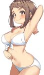  1girl absurdres arm_up armpits bikini boku_no_hero_academia breasts brown_eyes brown_hair closed_mouth highres large_breasts navel simple_background solo stomach swimsuit uraraka_ochako white_background white_bikini zd_(pixiv6210083) 