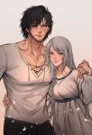  1boy 1girl absurdres arm_around_neck arm_around_shoulder arm_around_waist black_hair blue_eyes blush braid clive_rosfield closed_mouth couple doopee205 dress facial_hair final_fantasy final_fantasy_xvi grey_hair hand_on_another&#039;s_hip hetero highres hug jill_warrick long_hair looking_at_viewer muscular muscular_male official_alternate_costume pectorals scar scar_on_face shirt short_hair smile standing upper_body white_dress 