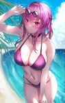  1girl absurdres beach bikini black_collar blue_sky blush breasts cloud collar collarbone day eyewear_on_head grin highres honkai:_star_rail honkai_(series) kafka_(honkai:_star_rail) large_breasts leaning_forward looking_at_viewer nano_(syoutamho) navel ocean outdoors purple_bikini purple_eyes purple_hair sky smile solo stomach swimsuit 