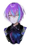  1boy aqua_hair ascot black_ascot black_coat black_shirt blue_ascot blue_coat blue_jacket chanms coat collared_shirt commentary crescent crescent_facial_mark cropped_shoulders double-parted_bangs expressionless facial_mark hair_between_eyes highres jacket kamishiro_rui lapels long_bangs looking_at_viewer male_focus multicolored_coat multicolored_hair multicolored_shirt parted_lips portrait project_sekai purple_hair sanpaku shirt short_hair simple_background solo straight-on streaked_hair two-tone_hair white_background yellow_eyes 