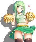  1girl :3 adworse black_thighhighs blush bow breasts cameltoe cheerleader closed_mouth commentary_request cowboy_shot green_eyes green_hair green_shirt green_skirt heart holding holding_pom_poms looking_at_viewer navel panties pantyshot pom_pom_(cheerleading) shirt sidelocks skirt sleeveless sleeveless_shirt solo teireida_mai thighhighs touhou underwear white_panties yellow_bow 