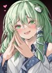  1girl absurdres blush detached_sleeves fingernails frog_hair_ornament green_hair hair_ornament heart highres kochiya_sanae looking_ahead maboroshi_mochi nail_polish own_hands_together smile snake_hair_ornament solo sweatdrop touhou upper_body 