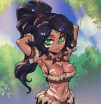 1girl arms_behind_head bare_shoulders black_hair body_markings breasts bush cleavage dark-skinned_female dark_skin day facial_mark fur-trimmed_skirt fur_trim green_eyes jewelry large_breasts league_of_legends long_hair looking_at_viewer navel necklace nidalee outdoors phantom_ix_row ponytail skirt solo stomach teeth tooth_necklace tree 