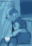  anthro canid canine canis cellphone clothed clothing domestic_dog eyes_closed floppy_ears head_tuft hi_res holding_cellphone holding_object holding_phone holding_smartphone kuttoyaki male mammal monochrome mouth_closed neck_tuft phone sitting sleeping smartphone solo tuft 