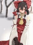  1girl absurdres ascot averting_eyes black_gloves black_hair blush bow breasts breath brown_scarf detached_sleeves dress frilled_hair_tubes frills gloves hair_between_eyes hair_bow hair_tubes hakurei_reimu highres medium_breasts mesuosushi outdoors red_dress red_eyes scarf sidelocks snow snowing solo touhou yellow_ascot 