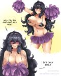  1girl absurdres breasts cheerleader hex_maniac_(pokemon) highres large_breasts long_hair navel nintendo pokemon pom_pom_(clothes) pun sexually_suggestive shiny_skin skirt solo stomach toffeech very_long_hair 